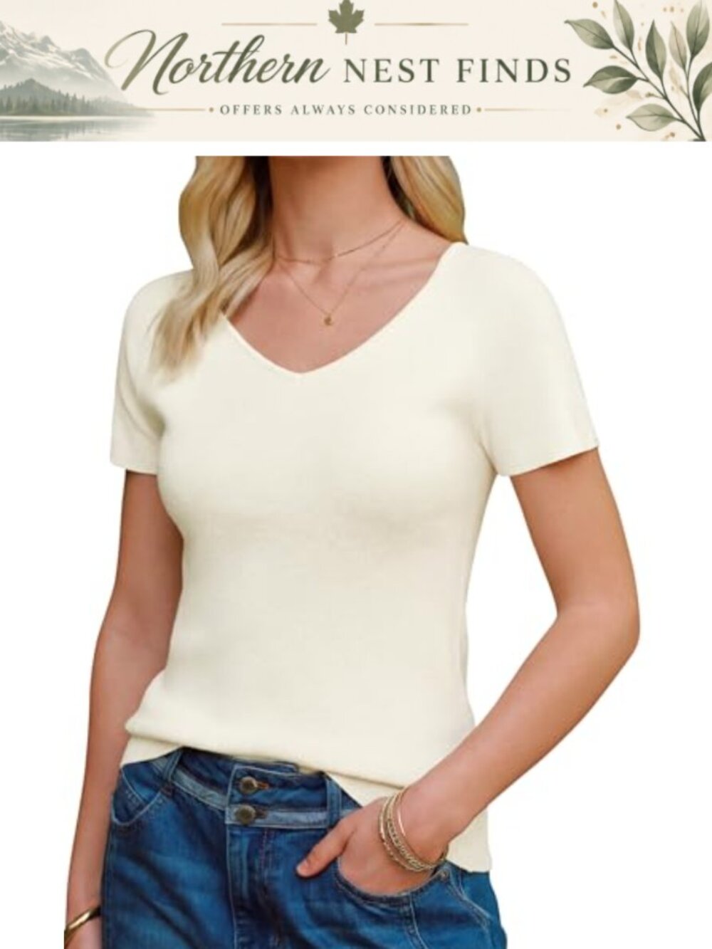 Wool Blend V-Neck Short Sleeve Lightweight Ribbed Knit Sweater Top